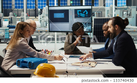 Industrial plant management looking over paperwork and schematics. Factory executives meet with investors to discuss integration of automation technology in production, camera A Industrial plant management looking over paperwork and schematics. Factory executives meet with investors to discuss integration of automation technology in production, camera A 133740430