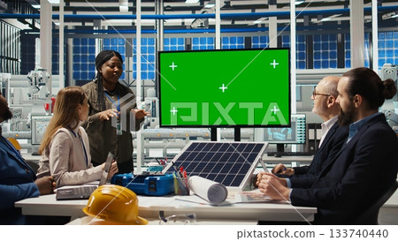 Solar panels plant manager uses isolated screen monitor to present manufacturing strategies to investors. Photovoltaics factory executive uses mockup display to show data to shareholders, camera A 133740440