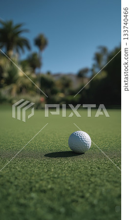 Golf ball on green putting surface bathed in sunlight with blurred palm trees and sky 133740466