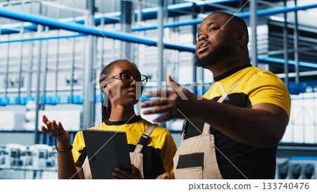 Photovoltaics smart factory staff members using tablet, researching PV materials. Industry 4.0 solar panels plant african american engineers developing alternative energy systems prototypes, camera A Photovoltaics smart factory staff members using tablet, researching PV materials. Industry 4.0 solar panels plant african american engineers developing alternative energy systems prototypes, camera A 133740476