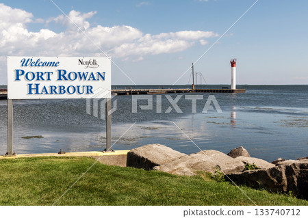 The pier at Port Rowan harbor on Lake Erie in Ontario, Canada. 133740712