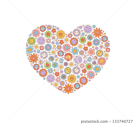 Groovy retro heart floral sticker with cute colorful flower and smiley shapes. Y2k love concept in a cheerful pattern. Bright and positive background for playful creative projects. Groovy retro heart floral sticker with cute colorful flower and smiley shapes. Y2k love concept in a cheerful pattern. Bright and positive background for playful creative projects. 133740727