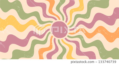Groovy retro sun burst with abstract wavy rays in orange and grunge style. Sunshine and y2k grungy background, horizontal orientation, bright artistic retro accent for creative wallpaper trendy poster Groovy retro sun burst with abstract wavy rays in orange and grunge style. Sunshine and y2k grungy background, horizontal orientation, bright artistic retro accent for creative wallpaper trendy poster 133740739