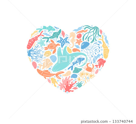 Flat underwater ocean life heart shape sticker design in vibrant style. Marine creatures, fish, reef coral, and sea elements create a colorful aquatic concept. Ocean background, perfect for marine 133740744