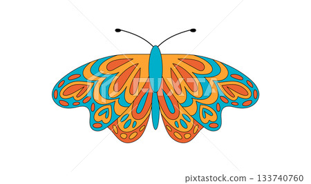 Groovy y2k butterfly with funky orange and blue colors. Cute groovy element in retro style, nature symbol for graphic and colorful fun concepts, perfect for trendy boho or playful pattern use. Groovy y2k butterfly with funky orange and blue colors. Cute groovy element in retro style, nature symbol for graphic and colorful fun concepts, perfect for trendy boho or playful pattern use. 133740760