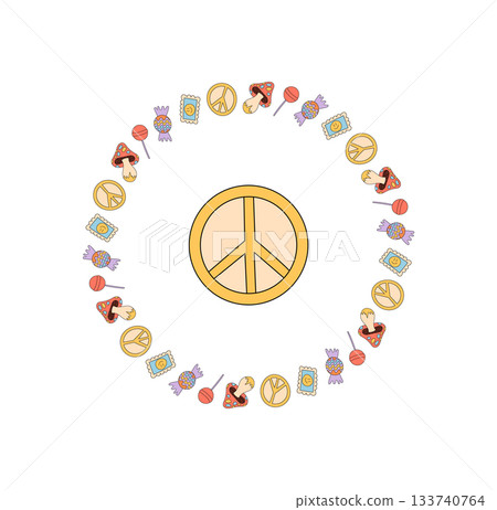 Groovy y2k circle border with peace symbol in colorful hippie style pattern. background and retro inspired graphic with vibrant design for modern concepts and vintage creative Groovy y2k circle border with peace symbol in colorful hippie style pattern. background and retro inspired graphic with vibrant design for modern concepts and vintage creative 133740764