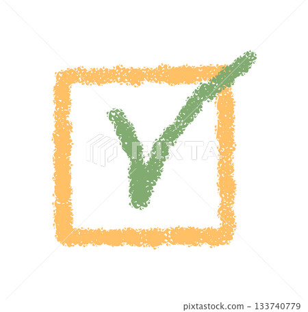 Crayon style check box square icon with tick and mark. Badge checkbox element stands as a colorful box symbol. Modern artistic badge isolated sticker and label icon. 133740779