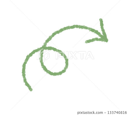 Hand drawn wavy arrow in green crayon with a chalk stroke forms a unique pointer icon. Swirl element adds dynamic form and playful style, ideal as creative accent and graphic element. 133740816