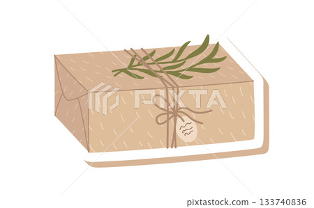 Vintage kraft gift package in flat style. Kraft box with green eco plant patch and craft label as christmas surprise. Minimalist natural graphic, perfect for winter holiday uses. 133740836