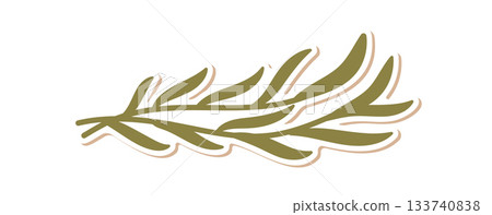 Flat green kraft mistletoe branch in cartoon graphic style sticker label. Party decor and box gift plant accent, flat element with natural look. Ideal for present or party pack design. 133740838
