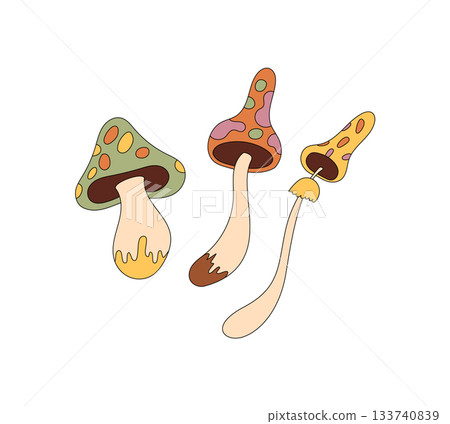 Groovy retro cartoon mushroom sticker with psychedelic and funky y2k style. Trippy shroom character as a colorful groovy element, bright for playful or pop art design projects. 133740839