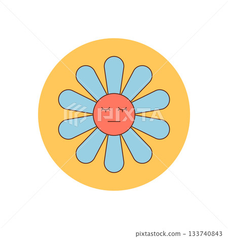 Cute groovy retro flower sticker face with yellow circle and happy cartoon element. Package seal shows cheerful y2k style and playful mood as a fun accent for packaging or gifts. Cute groovy retro flower sticker face with yellow circle and happy cartoon element. Package seal shows cheerful y2k style and playful mood as a fun accent for packaging or gifts. 133740843