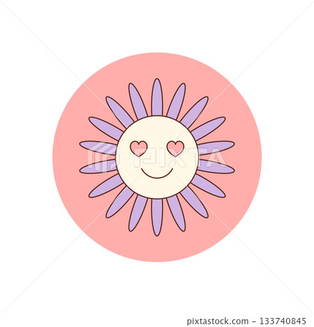Groovy round flower sticker with heart in retro y2k style. Pink smile graphic in a circle as a playful seal or lid for package label, perfect for adding fun to modern product design. Groovy round flower sticker with heart in retro y2k style. Pink smile graphic in a circle as a playful seal or lid for package label, perfect for adding fun to modern product design. 133740845