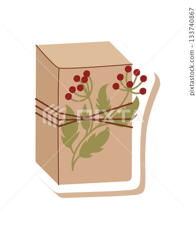 Vintage kraft present box sticker in flat style. Gift package with plant detail and ribbon. Festive new years concept, perfect for eco gift labeling and rustic holiday decor. Vintage kraft present box sticker in flat style. Gift package with plant detail and ribbon. Festive new years concept, perfect for eco gift labeling and rustic holiday decor. 133740867