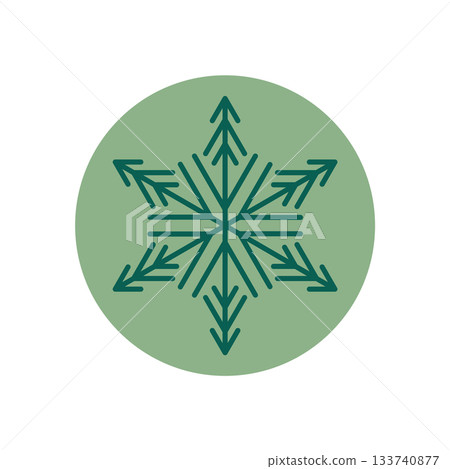 Green snow flake sticker icon in line style with ornament design for christmas and winter holiday. Circular shape and cold look make it ideal for package decoration or seasonal label. Green snow flake sticker icon in line style with ornament design for christmas and winter holiday. Circular shape and cold look make it ideal for package decoration or seasonal label. 133740877