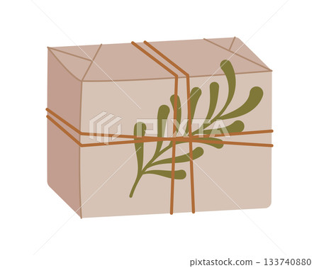 Trendy flat cardboard gift box in kraft and eco style. Present as modern package for christmas, perfect for festive present or box with contemporary graphic concept. Trendy flat cardboard gift box in kraft and eco style. Present as modern package for christmas, perfect for festive present or box with contemporary graphic concept. 133740880