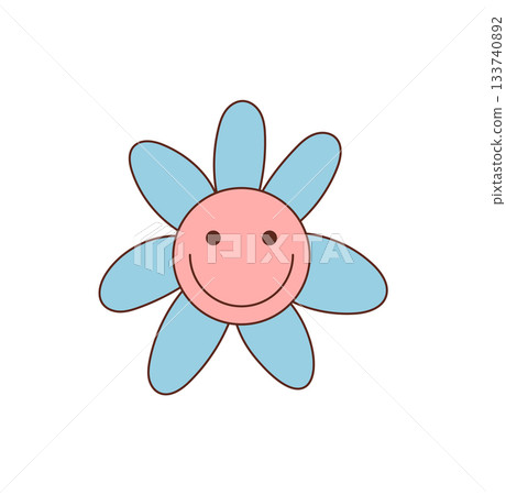 Groovy retro cute flower sticker in blue cartoon graphic style. Happy smiley and colorful y2k icon adds a cheerful, playful pop to designs. Fun element for vibrant, positive projects. 133740892