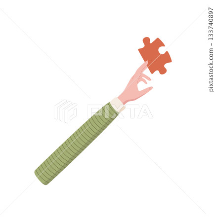 Cartoon hand holding a puzzle piece in flat style. Raised arm with a jigsaw piece as metaphor for solution and strategy. Abstract symbol representing connection and contribution with colorful Cartoon hand holding a puzzle piece in flat style. Raised arm with a jigsaw piece as metaphor for solution and strategy. Abstract symbol representing connection and contribution with colorful 133740897