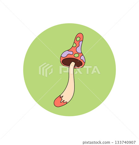 Groovy psychedelic mushroom shines as a colorful sticker label in a retro circle style. Funky magic design for y2k package lid, bold graphic for creative packaging with vibrant and nostalgic flair. Groovy psychedelic mushroom shines as a colorful sticker label in a retro circle style. Funky magic design for y2k package lid, bold graphic for creative packaging with vibrant and nostalgic flair. 133740907
