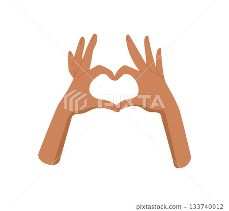 Cartoon hands forming heart symbol. Two human hands create a heart shape, expressing love, unity, and connection. Flat colorful abstract style, ideal for visuals about support, community bonding, or 133740912