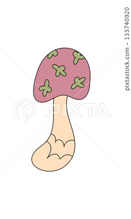 Groovy pink cartoon mushroom in retro style sticker. Psychedelic shroom with magic y2k vibe, cute and trendy groovy element as sticker. Funky pop touch for playful retro themes and decor. 133740920