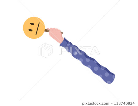 Flat hand hold feedback icon with simple style. Circle face element represents customer opinion and satisfaction. Ideal for survey visuals, client reviews, or business feedback designs. 133740924