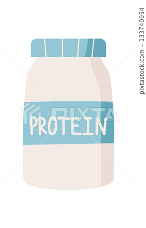 Protein powder can in flat style. Sport and wellness equipment for gym and bodybuilding. Fitness diet concept, workout accessory for health training, colorful minimal design. Protein powder can in flat style. Sport and wellness equipment for gym and bodybuilding. Fitness diet concept, workout accessory for health training, colorful minimal design. 133740954