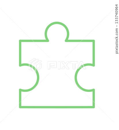 Flat outline of a jigsaw puzzle piece. Simple green silhouette of a boardgame piece with defined path and tile elements. Perfect for table toy concepts, play activities, or graphic designs in minimal 133740964
