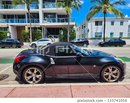 Miami Beach, Florida USA - June 8, 2024: 2010 Nissan 370Z roadster convertible at ocean drive miami beach 133741058