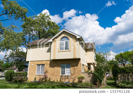 Property in neighborhood. Residential neighborhood house in developed area. Property insurance and real estate. Suburban neighborhood. Private property house. House insurance. Private life 133741126