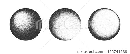 Round shapes with grain or noise texture isolated in white background. Balls silhouettes with different light and shadow drawings. Circular forms with gradient effect. Vector graphic illustration 133741388