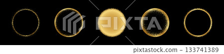 Set of luxury golden rings with gritty texture. Gold round shapes with scatter or mezzotint effect borders isolated on black background. Solar eclipse design elements. Vector illustration 133741389