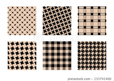 Set of gingham, houndstooth, keffiyeh and pepita patterns. Plaid, scarf or cloth fabric prints. Checkered textile motifs. Classical weaven tweed or flannel ornaments. Vector graphic illustration Set of gingham, houndstooth, keffiyeh and pepita patterns. Plaid, scarf or cloth fabric prints. Checkered textile motifs. Classical weaven tweed or flannel ornaments. Vector graphic illustration 133741400