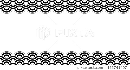 Top and bottom borders with traditional Japanese seigaiha pattern and space for text. Black and white sea or ocean waves print. Fish squama or dragon scale. Vector graphic illustration 133741407