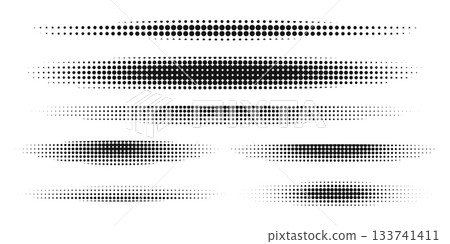 Set of shadow oval shapes with halftone effect isolated on white background. Abstract shades with gritty, grainy, noise or pixel texture. Forms with polka dot pattern. Vector graphic illustration 133741411