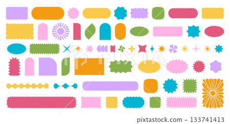 Collection of colorful sun and arch, rectangle and square, oval and circle shapes with scallop edges. Cute forms with curvy borders. Empty boxes, stickers, tags or labels. Vector flat illustration Collection of colorful sun and arch, rectangle and square, oval and circle shapes with scallop edges. Cute forms with curvy borders. Empty boxes, stickers, tags or labels. Vector flat illustration 133741413