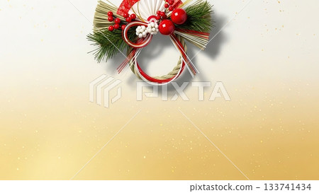 New Year's background of Japanese paper texture with shimenawa and red and white decorations New Year's background of Japanese paper texture with shimenawa and red and white decorations 133741434