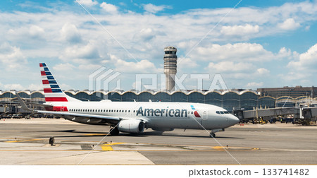 Washington DC, USA - June 04, 2024: Plane arrival American airline. American aviation airline. American airline plane departure in airport. Airport terminal and runway strip. Aviation. Arrival gate 133741482