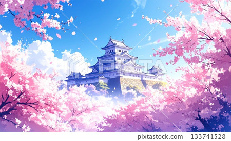 A beautiful watercolor illustration of a traditional Japanese castle (such as Himeji Castle) surrounded by cherry blossoms in full bloom 133741528
