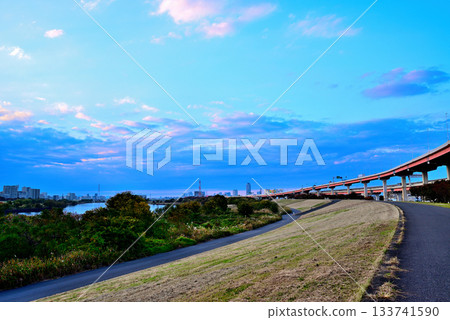 Arakawa River: Evening view of the Goshikizakura Bridge and Kohoku Junction, with the autumn cherry blossoms turning red 133741590