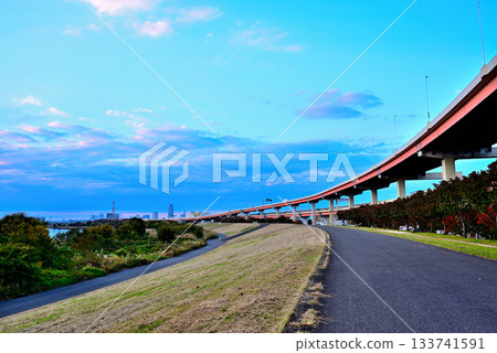 荒川：傍晚時分，五色櫻橋和港北樞紐的景色，秋櫻漸紅。 133741591