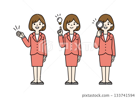 Guiding, inspiration, investigation, full-body vector illustration material set of a young woman wearing a suit_Color 133741594