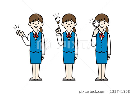 Introduce, notice, search, full-body vector illustration material set of a young woman in a uniform_Color 133741598