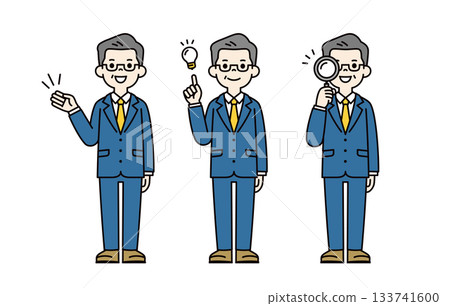 Explain, propose, search, full-body vector illustration material set of middle-aged and elderly men in suits_Color 133741600