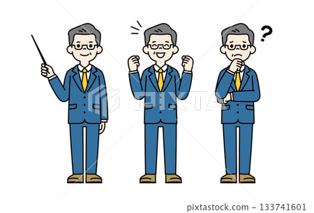 Teaching, smiling, happy, worried, middle-aged and elderly men in suits, full-body vector illustration set_color 133741601