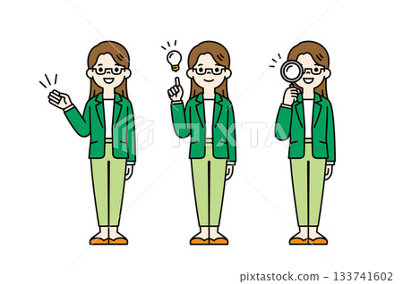 Explain, propose, search, full body vector illustration material set of a young woman in a pantsuit_color 133741602