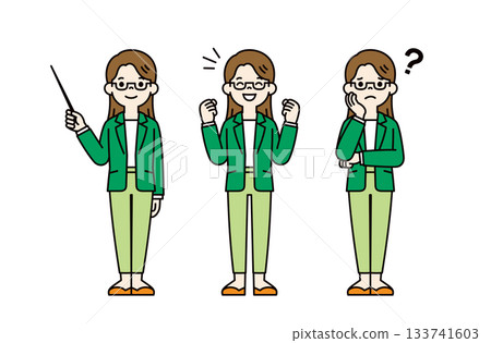 Teaching, smiling, happy, worried, full body vector illustration material set of a young woman in a pantsuit_Color 133741603