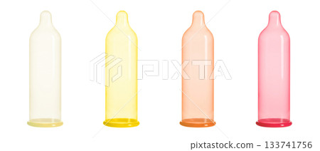 Colorful unrolled inflated standing condom transparent PNG set bundle, isolated background. Regular, yellow, orange, red color. Condoms product presentation, safe sex contraceptive, male potency 133741756