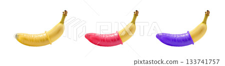 Condom rolled up on banana transparent PNG set bundle, isolated background. Safe sex Ed education demonstration, contraceptive, STD prevention, sexual health. Colorful regular, red pink, purple color 133741757