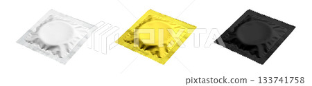 Colorful condom wrapper packet transparent PNG set bundle, isolated background. White, gold yellow, black color. 3D isometric view, condoms, safe sex protection contraceptive, STD prevention 133741758